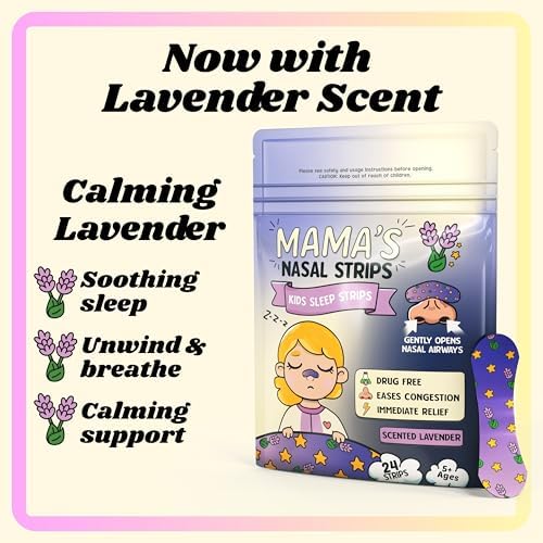 Mama's Lavender Kids Nose Strips for Breathing - Hypoallergenic and Soft, Nasal Strips for Snoring - Nose Tape for Nasal Congestion Relief - Clean, Safe Snore Stopper for Sleep - 24 Count, 5+ Ages