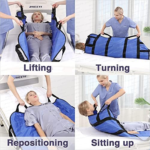 Multipurpose 48" x 40" Positioning Bed Pad with Reinforced Handles - Reusable & Washable Transfer Sheet for Turning, Lifting & Repositioning - Double-Sided Nylon Fabric, Blue