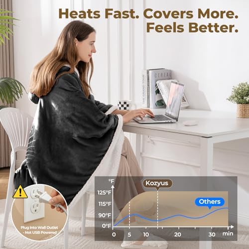 Wearable Heated Throw Blanket, Heated Shawl Electric Wrap Poncho with Hood & Pockets for Women & Men, 5 Heat Settings, 3H Auto-Off, Machine Washable, ETL Certified, Gift-Ready, 56x63, Grey
