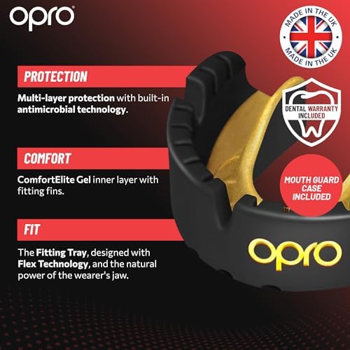 OPRO Gold Level Braces Mouth Guard, Moldable Mouthguard for Comfort & Fit for Boxing, Hockey, MMA, UFC, Football, Braces Protection, Youth & Adult Mouthguard with Case Included, Black