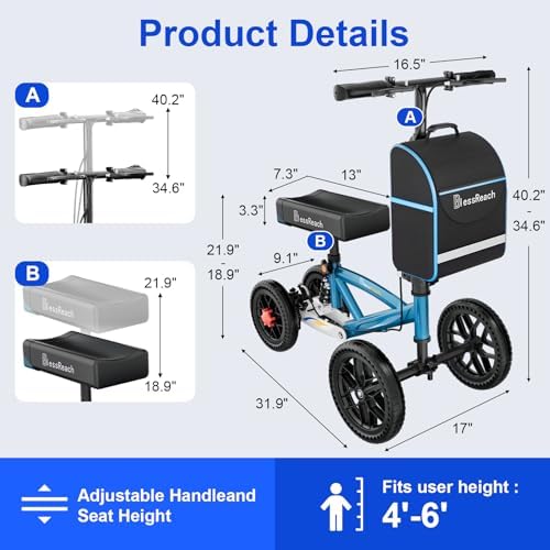 BlessReach Knee Scooter, All Terrain Foldable Knee Scooter Walker, Disc Brake Knee Walker for Foot Injuries Compact Crutches Alternative