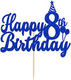 Happy 8th Birthday Cake Topper, Eight is Great, Great to Be 8, for Boy's or Girl's 8 Year Old Decorations Blue Glitter