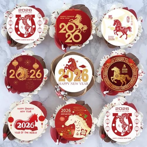 36PCS Edible 2026 Chinese Horse Year Cupcake Toppers Wafer Paper Chinese Happy New Year Cupcake Picks Horse Cupcake Toppers for 2026 Theme Party Decor Supplies
