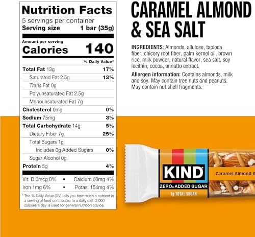 Kind Zero Added Sugar Healthy Snacks Bars, Caramel Almond & Sea Salt, Gluten Free, High Fiber, Keto Snacks, 5g Protein, 5 Count
