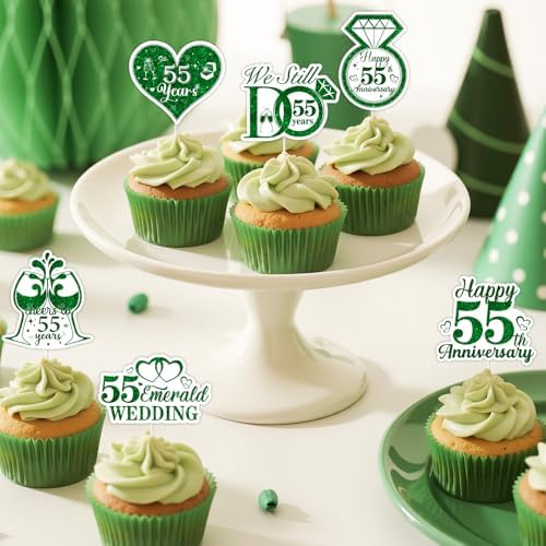 36pcs Happy 55th Anniversary Cupcake Toppers 55th Wedding Anniversary Decorations Emerald Glitter Heart Ring Cupcake Picks for Men Women Wedding Anniversary Party Cake Decorations Supplies