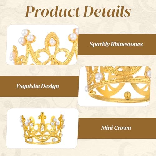 2PCS Mini Crown Cake Topper, Pearl Tiara, Princess Crown, Tiny Queen Tiara Cupcake Topper for Flower Bouquets, Wedding, Birthday, Baby Shower, Party Decor, Bridal, Royal Themed Decor (Gold, Silver)