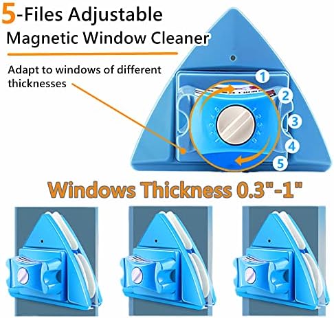 Double-Sided Window Cleaner Glass Wiper Magnetic Cleaning Tools, 5-Gears Adjustable Magnetic Glider Washing Brush Tools, for High-Rise Double Thick Glazed Windows Thickness 0.3"-1" (Blue)
