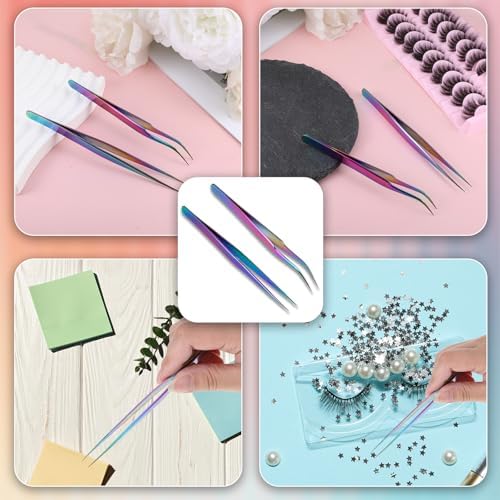 2PCS Sticker Tweezers, Tweezers for Crafting Straight and Curved Tip Tweezer Stainless Tweezer for Stickers Eyelash Extensions Precision Electronics Nail Rhinestone Jewelry, Scrapbooking Tools