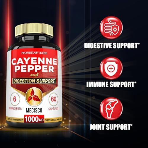 Mecisco 6in1 Cayenne Pepper Capsules with Ginger Root, Beet Root, and Black Pepper and More - 60 Capsules - Cayenne Supplement Supports Digestion System, Immunity