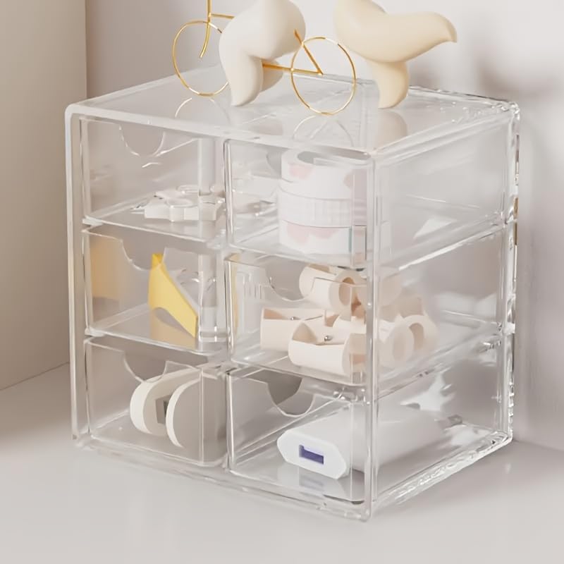 1 Piece Clear Acrylic 6 Drawer Desktop Organizer Storage Box Multi Layer Cosmetic Jewelry Holder Makeup Skincare Organizer Case Office Supplies Container for Vanity Desk Accessories Display