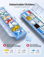 VAYDEER Metal Weekly Pill Organizer – Moisture-Proof Travel Pill Organizer with Built-in Desiccant Chamber and Airtight Lids – Large-Capacity Pill Box for Vitamins, Medicines & Supplements(Silver)