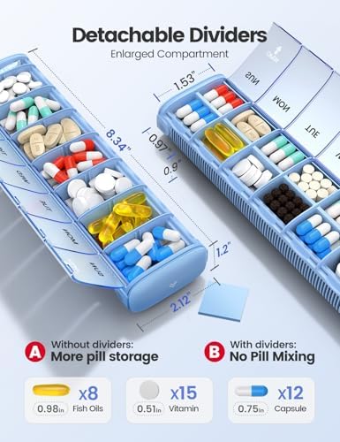 VAYDEER Metal Weekly Pill Organizer – Moisture-Proof Travel Pill Organizer with Built-in Desiccant Chamber and Airtight Lids – Large-Capacity Pill Box for Vitamins, Medicines & Supplements(Silver)
