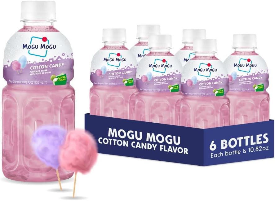 Mogu Mogu Drink Cotton Candy (6 Bottles) Delicious drinks made with nata de coco (coconut jelly). Fun chewable juice boxes for kids. Famous Asian drinks. Juice bottles made for adults and kids. Ready to drink