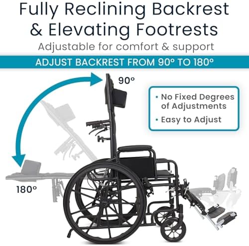 Vive Mobility Reclining Wheelchair with Elevating Leg Rests - Heavy Duty Recliner Wheel Chair for Seniors & Adults -Wide 18" Seat, up to 300lbs -High Back, w/Leg & Head Support -Comfortable Headrest