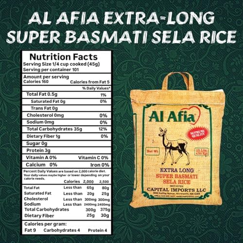 Al Afia Basmati Sela Rice Supreme Quality Extra Long Super Basmati Sela Rice, 10 lb (4.54 kg), Non GMO, Extra Long Basmati Rice, Vegan, Gluten Free, BPA Free, Zip Lock Bag, Dried Grains, Fresh White Rice