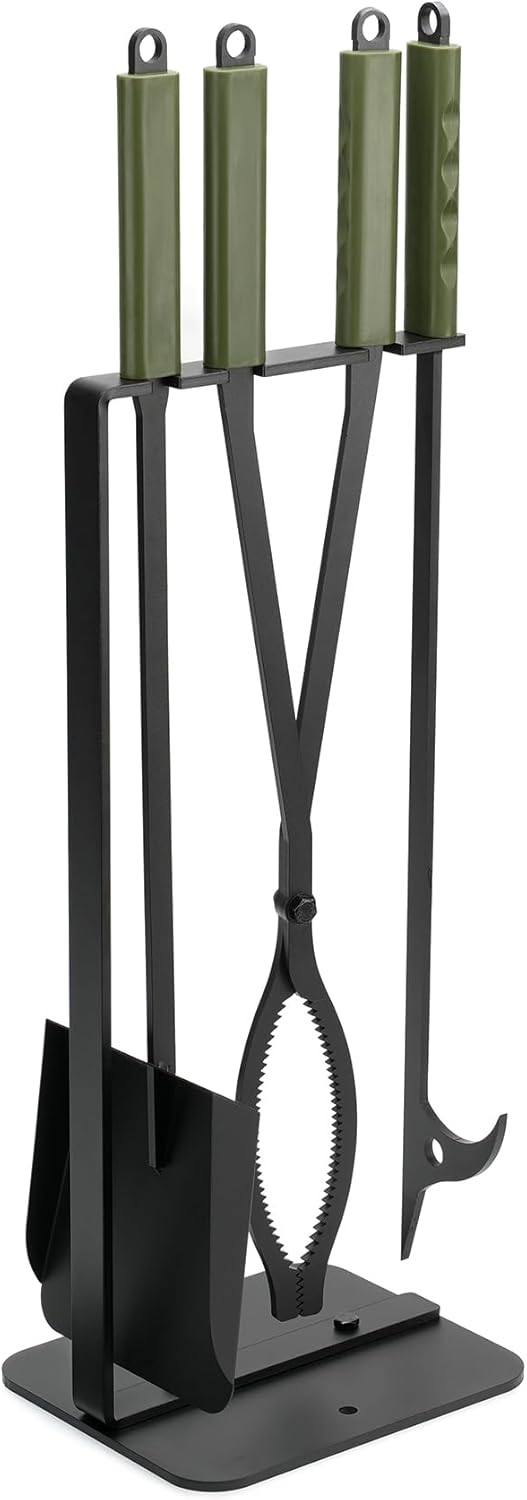 Stanbroil 3Pcs Fire Pit Tools Set, 28" Fire Poker and Fire Log Tongs Shovel, Wrought Iron Large Fireplace Tools Set with Metal Base and Rubber Handle for Campfire Bonfire