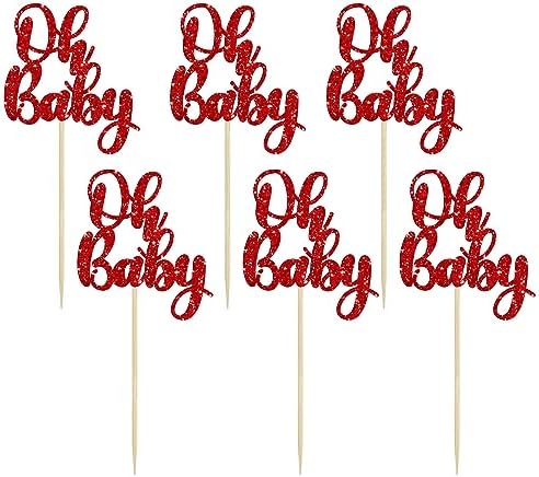 Gyufise 36Pcs Oh Baby Cupcake Toppers Glitter Baby Shower Cupcake Picks for Gender Reveal Baby Shower Kids Boys Girls Birthday Party Cake Decorations Supplies Red