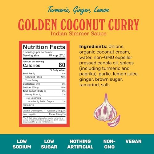 Brooklyn Delhi Golden Coconut Curry - Indian Simmer Sauce with Turmeric, Ginger, Lemon, & Coriander - 12 Ounces - Mild Enough for a kid, Flavorful Enough for a Foodie - Vegan - No Artificial Additives