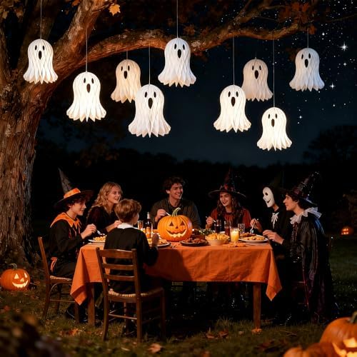 8Pcs Halloween Ghost Hanging Decorations, Large 9.8" x 9.3" Folded Paper Lanterns 3D Cute Ghosts Tree Ornaments, Halloween Party Porches Decor