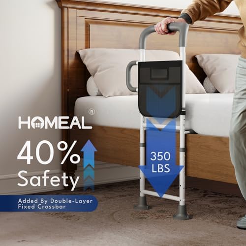 HOMEAL Bed Rails for Elderly Adults Safety - Adjustable Bed Assist Rails for Seniors, Adult Bed Guard Rail with Non-Slip Ergonomic Handle,Storage Pocket & Fixing Strap, 350 Tested (Grey, Long)