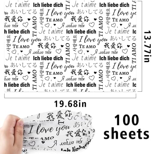 MR FIVE 100 Sheets Black I Love You Tissue Paper Bulk,14" x 20",White with Black Multi-Language Design Tissue Paper for Gift Bags Birthday,Valentine's,Mother's Day,Weddings