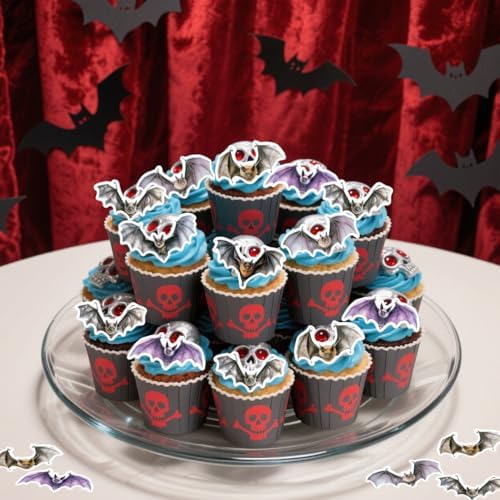 54PCS Edible Halloween Bat Cupcake Toppers Wafer Paper Bat Cupcake Toppers Spooky Bat Cupcake Picks for Halloween Theme Party Birthday Baby Shower Decor Supplies