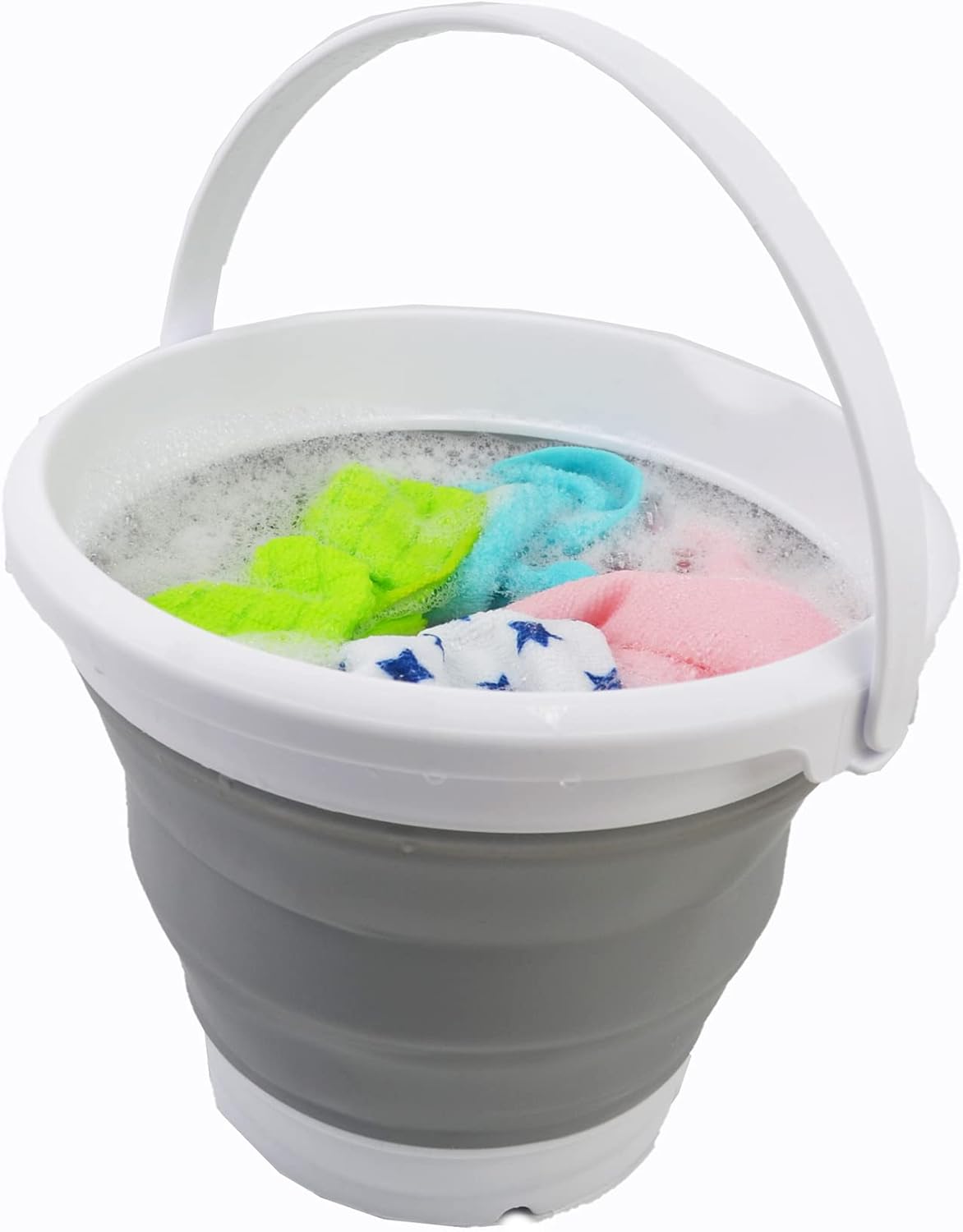 SAMMART 5.5L (1.4 Gallon) Collapsible Plastic Bucket with Handle - Foldable Round Tub - Portable Fishing Water Pail - Space Saving Outdoor Waterpot. (1, White/Grey)