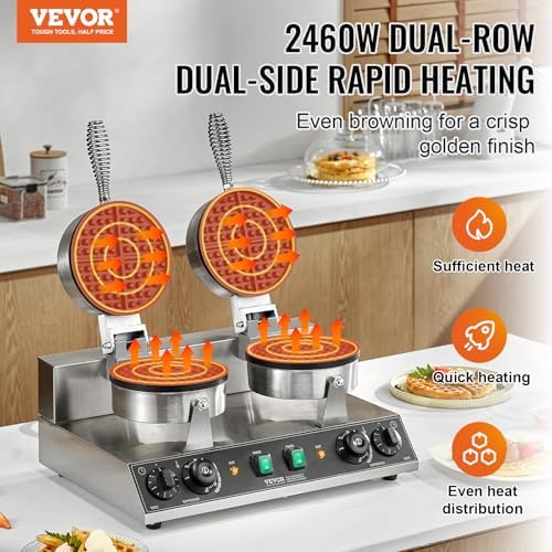 VEVOR Commercial Waffle Maker, Dual-Head Round Waffle Baker Machine, 2460W Non-Stick Stainless Steel Belgian Waffle Iron with Temp and Time Control, Handle, for Restaurant Bakery Snack Bar Family