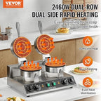 VEVOR Commercial Waffle Maker, Dual-Head Round Waffle Baker Machine, 2460W Non-Stick Stainless Steel Belgian Waffle Iron with Temp and Time Control, Handle, for Restaurant Bakery Snack Bar Family