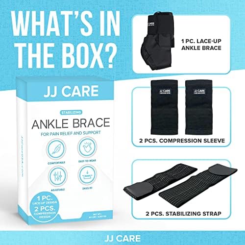 JJ CARE Ankle Stability Brace - Lace Up Adjustable Ankle Brace for Men Sprained Ankle With 2 Compression Sleeves and Straps, Breathable Ankle Braces for Women Support, Sleeping, Sports & Injuries