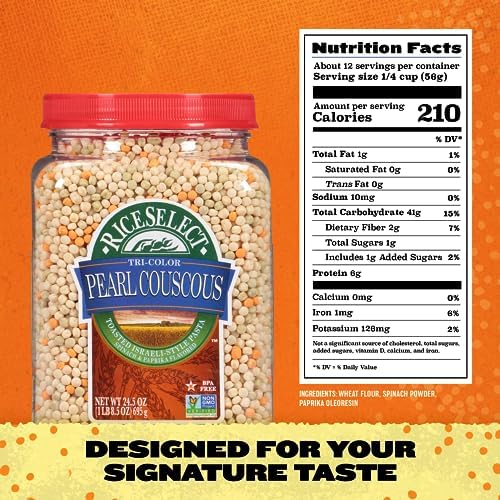 RiceSelect Tri-Color Pearl Couscous, Toasted Israeli-Style Pasta, Spinach and Paprika Flavored, 24.5 Ounce Jar (Pack of 1)