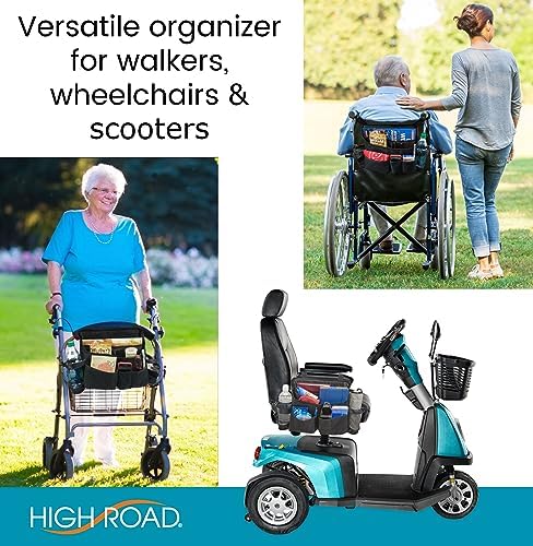 High Road Mobility Scooter Bag, Walker Caddy and Wheelchair Storage Bag - 8-Pocket Mobility Organizer with Bottle and Cup Holder for Wheelchairs, Walkers and Scooters