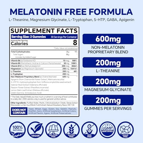 VEETAGYO Melatonin Free 5-HTP GABA Supplement Gummies for Adults & Kids 12+ with L-Theanine, Magnesium Glycinate, L-Tryptophan, Apigenin - Sugar Free, Strawberry Flavor, Vegan, 120 Count