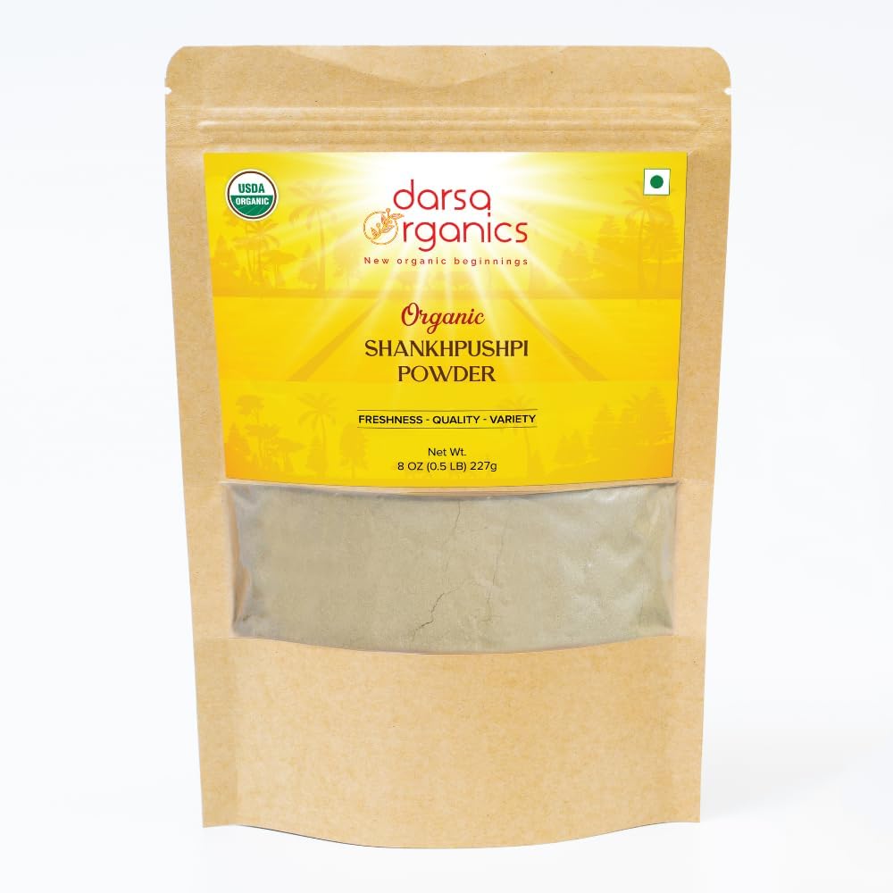Darsa Organics Shankhpushpi Powder 8oz - USDA Organic Convolvulus Pluricaulis, Enhances Memory, Reduces Stress and Anxiety, Promotes Sleep, Perfect for Herbal Tea, Vegan, Non-GMO, Kosher