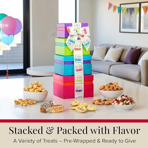 Broadway Basketeers Birthday Gift Basket Tower - Birthday Snack Box with Sweet and Savory Treats for Men, Women, & Kids