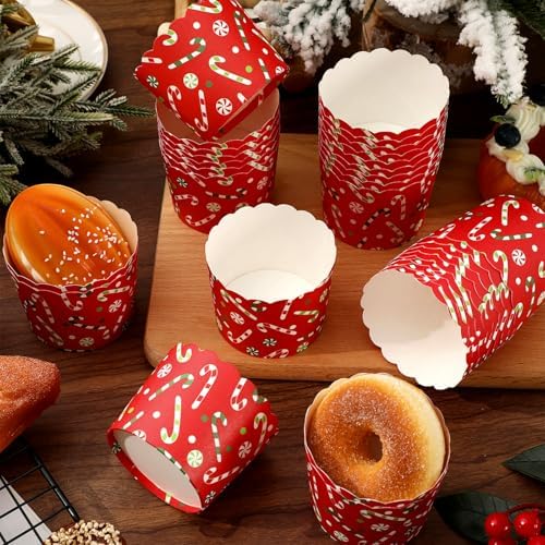 Whaline 100Pcs Christmas Paper Baking Cups Red Green Candy Cane Cupcake Wrappers Scalloped Edge Cupcake Muffin Cases for Xmas Winter Holiday Party Dessert Decoration