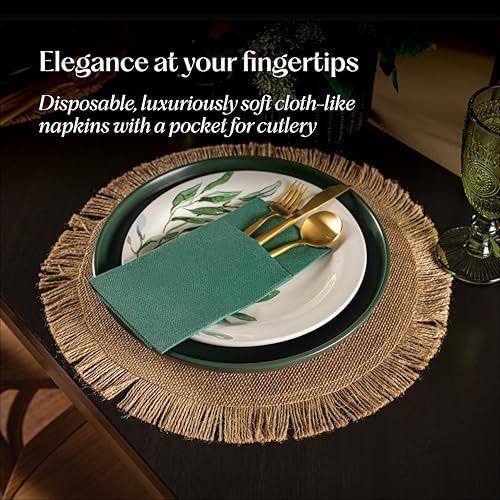 Disposable Linen-Feel Dinner Napkins With Built-in Flatware Pocket, 50-Pack GREEN Prefolded Cloth Like Paper Napkins For Wedding, Dinner Or Party