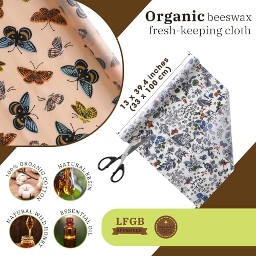 Moukeren 3 Rolls Beeswax Wraps for Food Assorted 13 x 40" Cut to Size Reusable Beeswax Food Wrap Organic Cotton Sustainable Wax Paper Wrappers Plastic Silicone Free for Bread Cheese(Butterfly)