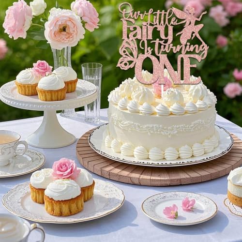 LANKBACK Our Little Fairy is Turning One Cake Topper Happy 1st Girl's Birthday Party Supplies Girl Fairy First Birthday Decorations Rose Gold