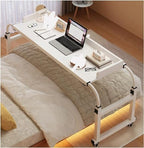 Height Adjustable Overbed Table with Wheels, 120-210cm White Mobile Desk, 65-95cm Stand, Laptop Cart for Bed Sofa Office Wood Color