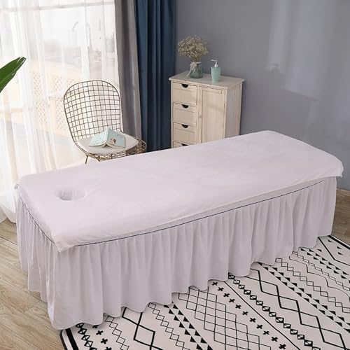Massage Table Cover Towel with Face Cradle Hole, Premium Fitted Sheet with Locked Edges (White Full Body)
