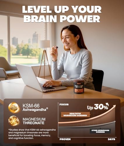 10-In-1 Mushroom Gummies with KSM-66 Ashwagandha & Magnesium Threonate Boosts Focus, Memory & Cognitive, 120 Ct Mushroom Supplement with Vitamin D3 & B12 for Immunity & Energy, Vegan, Blueberry Flavor