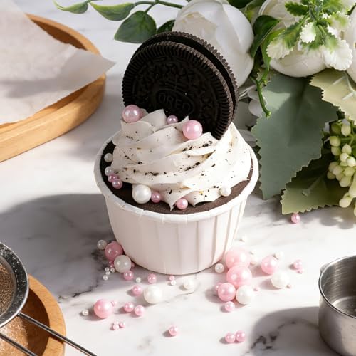 Pink White Pearl Sprinkles, 4.6 oz Edible Pearls for Cake Decorating, Cake Sprinkles for Baking Cupcake Cookies Ice Cream