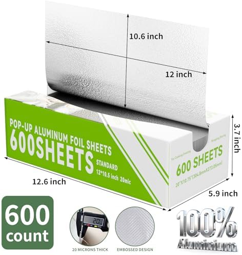 600 Count Pre-Cut Aluminum Foil Sheets, 12" x 10.6" Inch Pre Cut Aluminum Foil sheets for Restaurant Use, Disposable Foil Sheets for Food, Hot Dogs, and Sandwiches