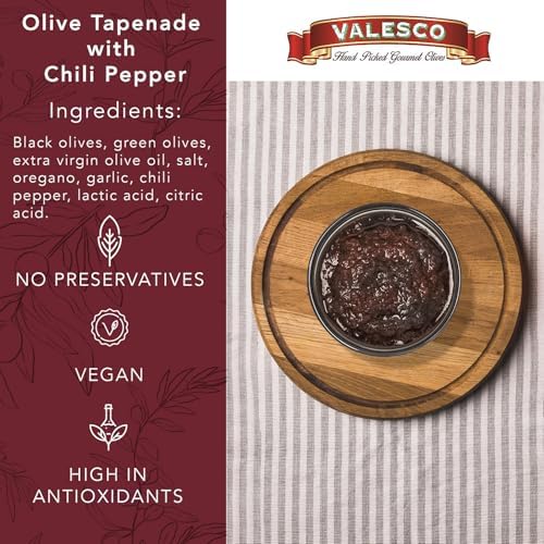 VALESCO Spicy Olive Tapenade with Herbs & Chili Pepper - Gourmet Spread for Dips, Bruschetta, and Pasta Dishes (6.7 fl oz)