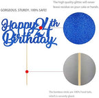 Blue Happy 24th Birthday Cake Topper, Royal Blue Glitter Cheers To 24 Years Party Cake Decorations, Supply