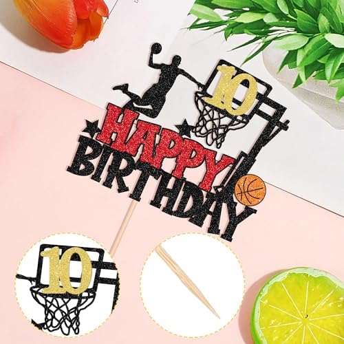 1 PCS Happy 10th Birthday Basketball Cake Topper Glitter Basketball Sports Theme 10th Birthday Cake Pick Cheers to 10 Birthday Cake Decoration for Basketball Theme Happy 10th Birthday Party Supplies