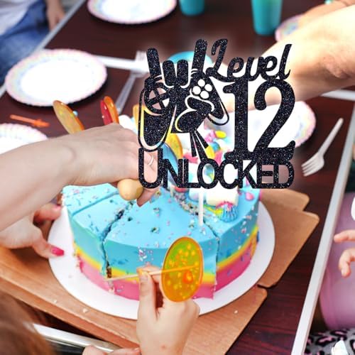 Tivurcia Level 12 Unlocked Cake Topper, Video Game Boys 12th Birthday Cake Decorations, Bruh I'm Twelve, Level Up Winner Birthday Party Decoration Supplies, Black Glitter