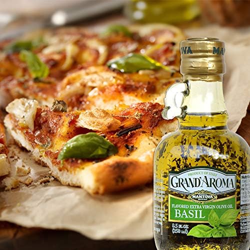 Mantova Grand’Aroma Basil Flavored Extra Virgin Olive Oil, made in Italy, cold-pressed, 100% natural, heart-healthy cooking oil perfect for salad dressing, pasta, garlic bread, meats, or pan frying, 8.5 oz (Pack of 2)