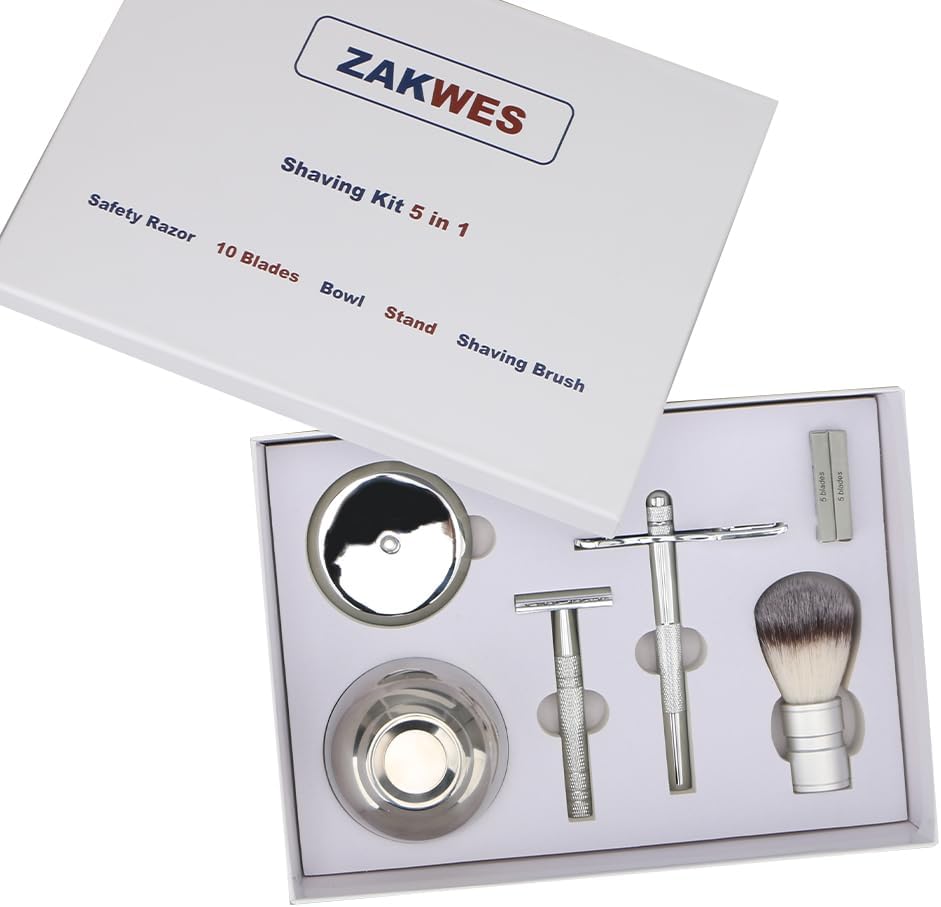 Men's Shaving & Grooming Set, Double Edge Safety Razor, Shaving Brush, Razor & Brush Stand,10 Blades, Shaving Bowl, Valentine Gift For Men, Gift for Fathers/Dads (Silver)